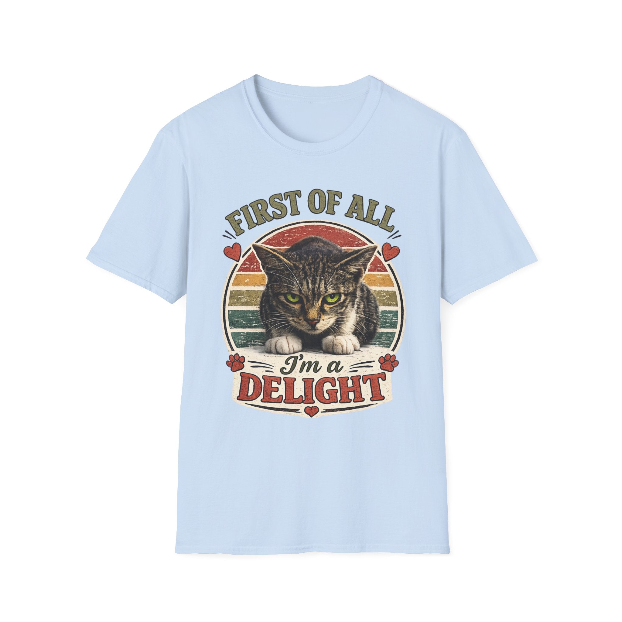 Cat T‑Shirt — “First of All I’m a Delight” Vintage Cat Graphic Tee