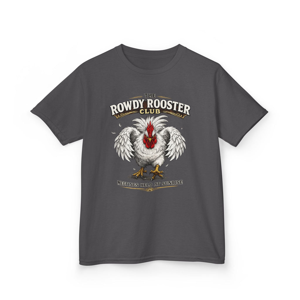 Kids Tee — "The Rowdy Rooster Club: Meetings Held at Sunrise" Graphic Shirt