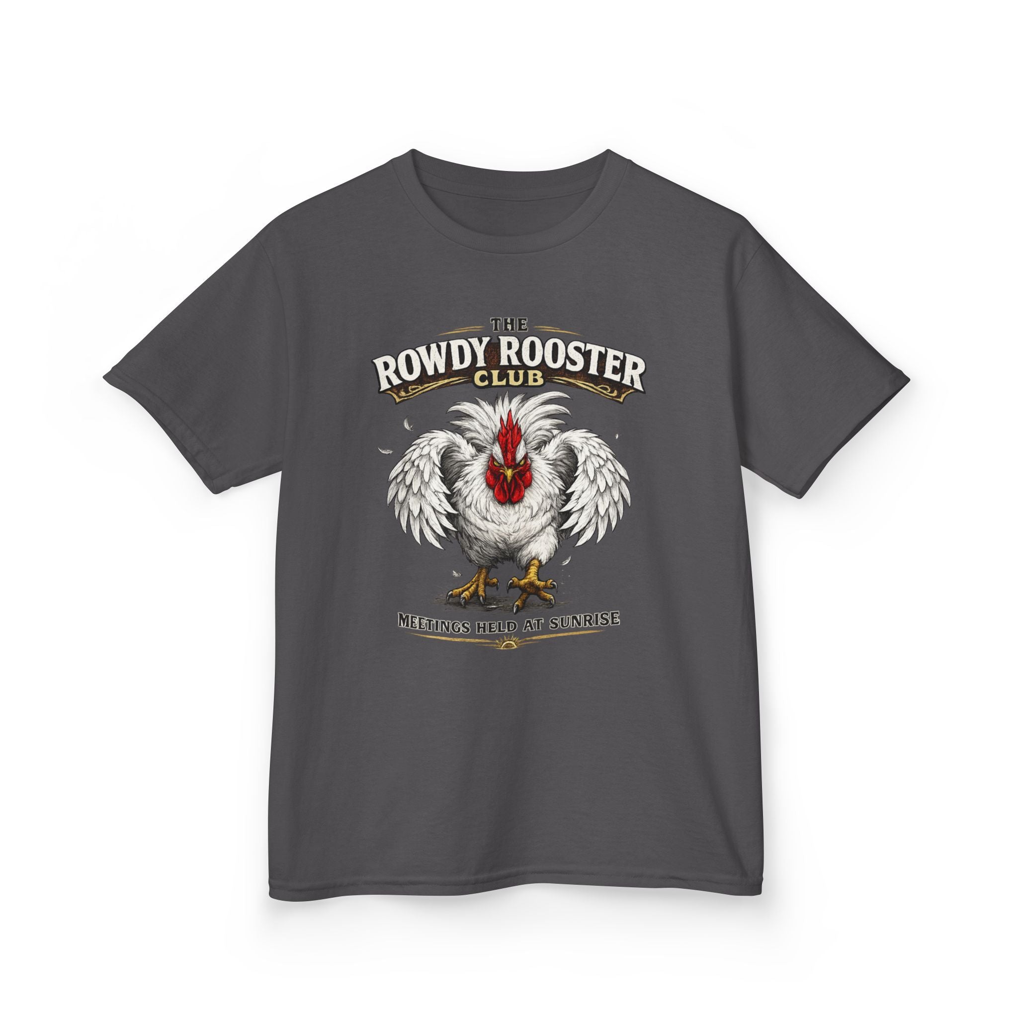 Kids Tee — "The Rowdy Rooster Club: Meetings Held at Sunrise" Graphic Shirt