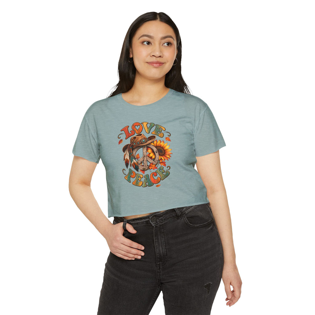 Love & Peace Crop Top — Retro Sunflower Hippie Festival Tee