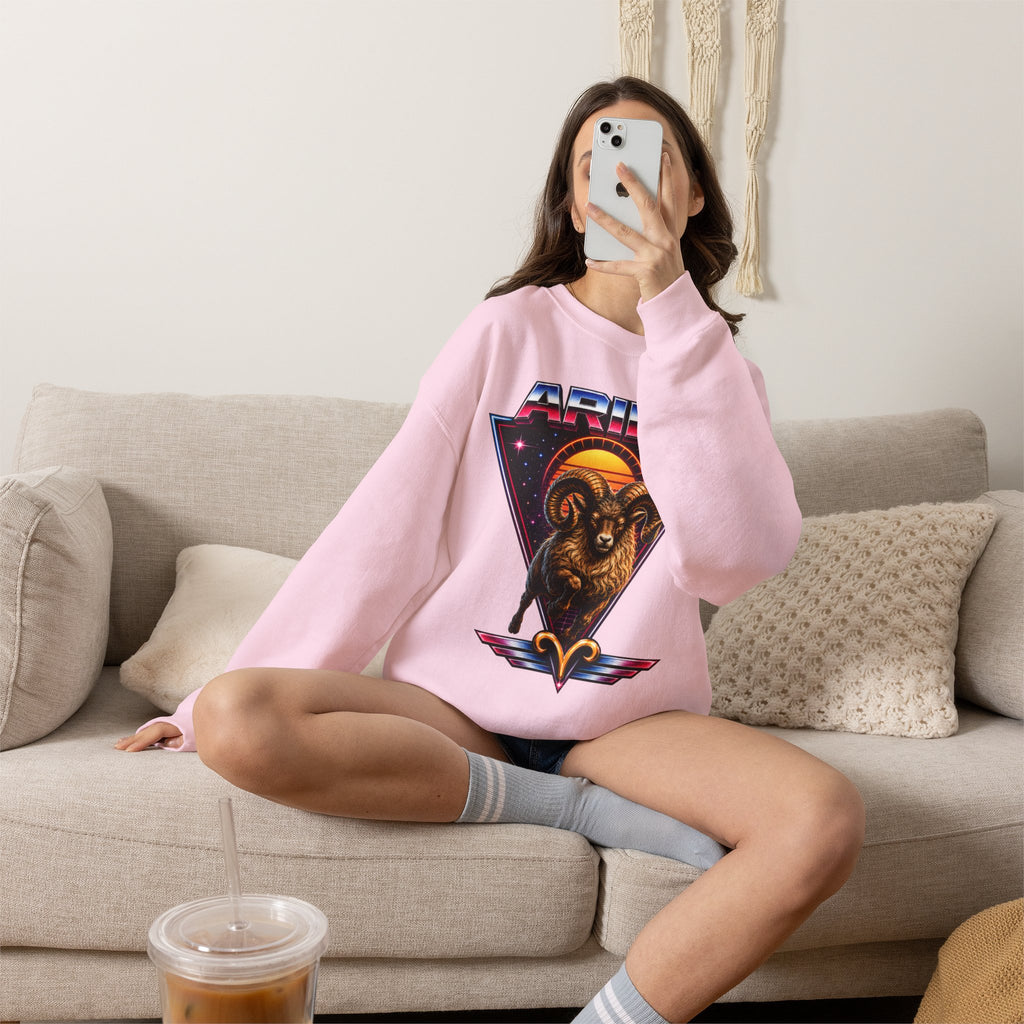Aries Zodiac Crewneck Sweatshirt — 80s Retro Ram Astrology Graphic