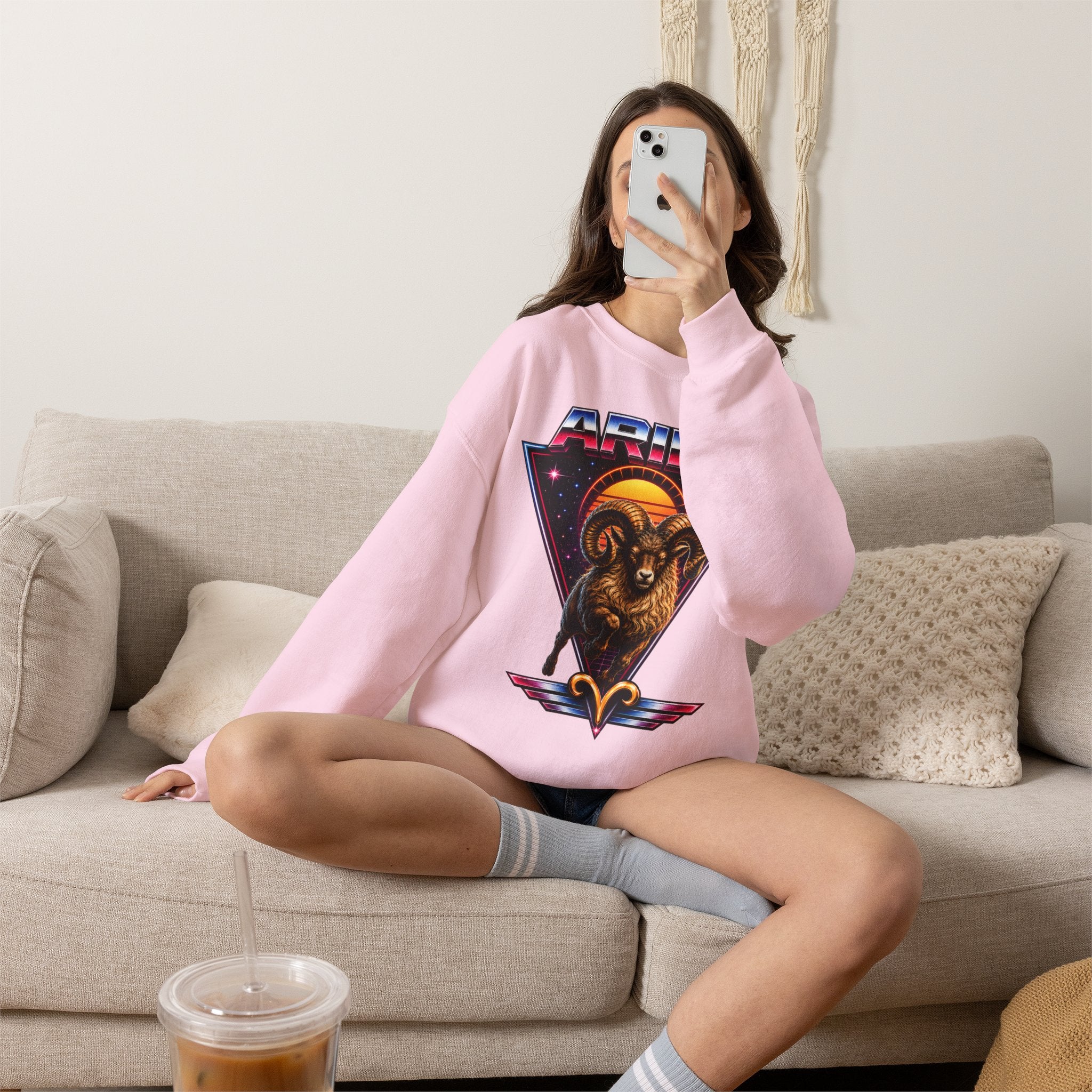 Aries Zodiac Crewneck Sweatshirt — 80s Retro Ram Astrology Graphic