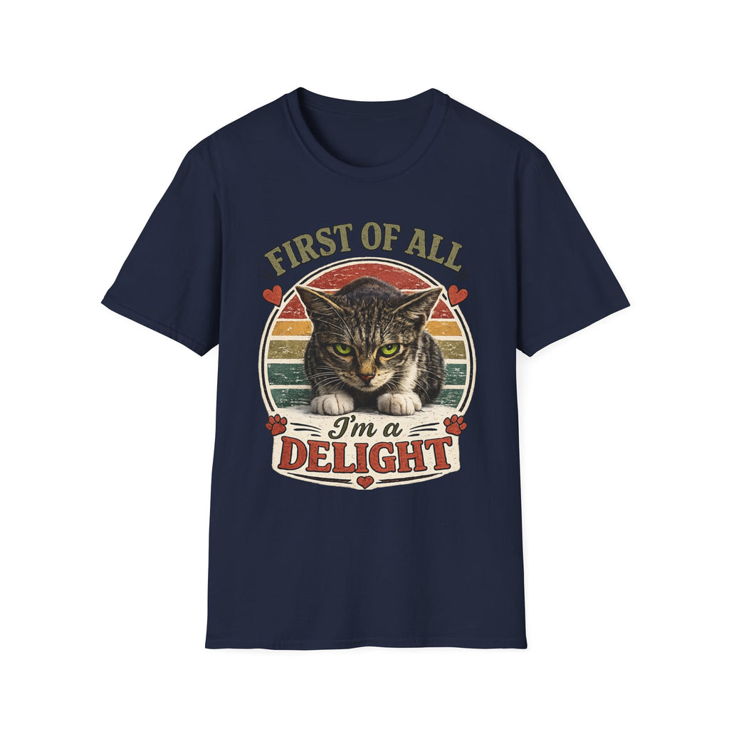 Cat T‑Shirt — “First of All I’m a Delight” Vintage Cat Graphic Tee