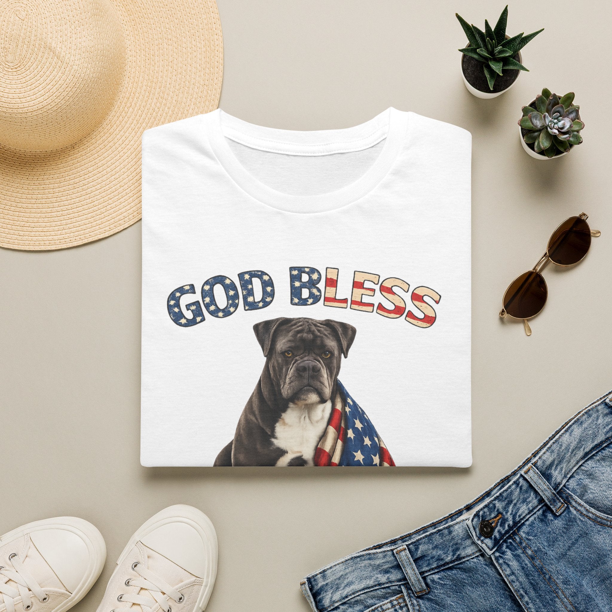 God Bless America Bulldog T-Shirt — Patriotic USA Flag Pup Tee