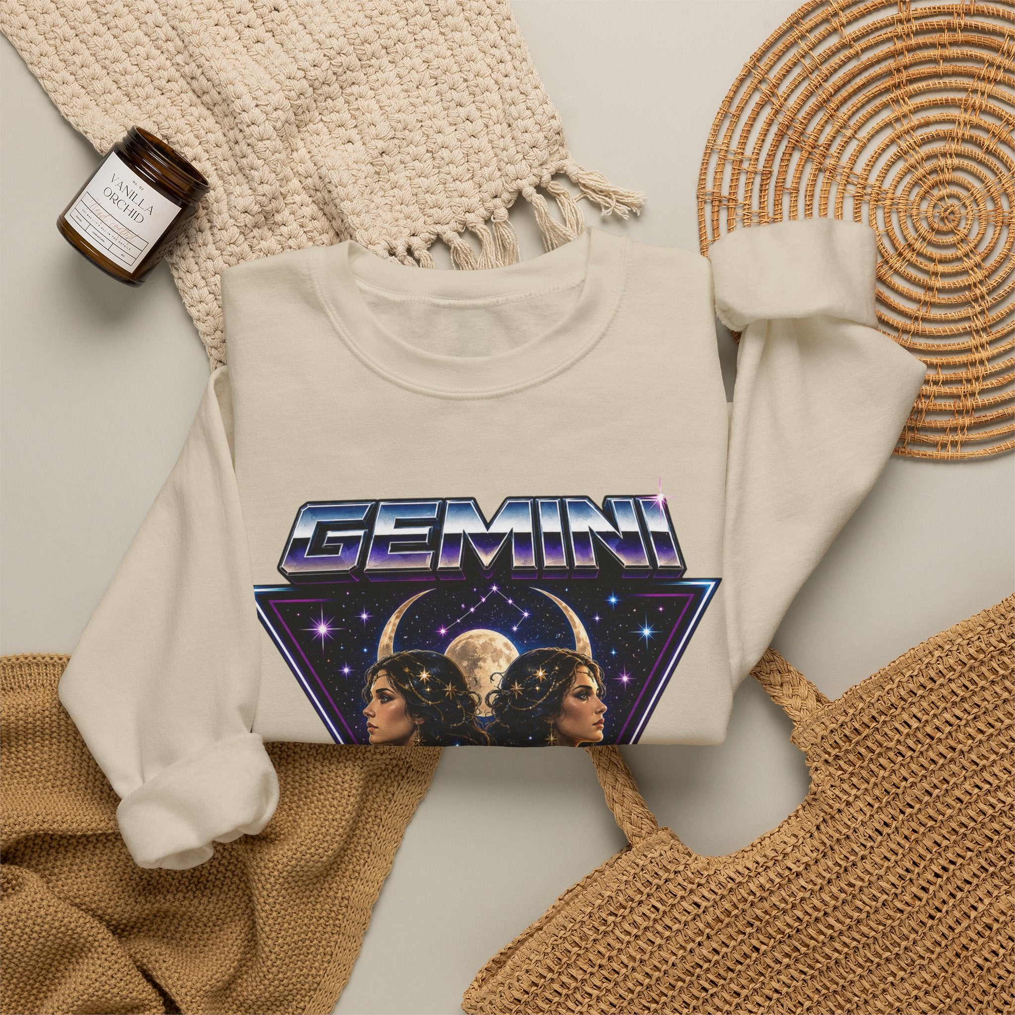 Gemini Zodiac Crewneck Sweatshirt — Retro Twin Astrology Graphic