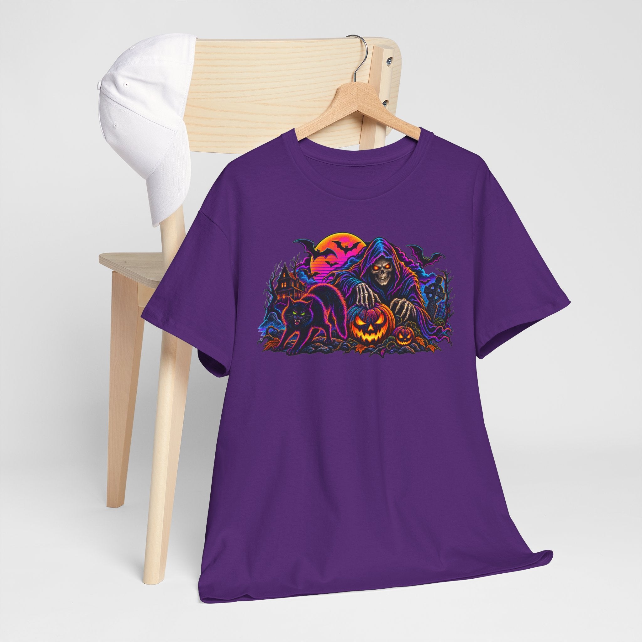 Halloween Grim Reaper Jack-O'-Lantern Tee — Retro Neon Spooky Skull Shirt