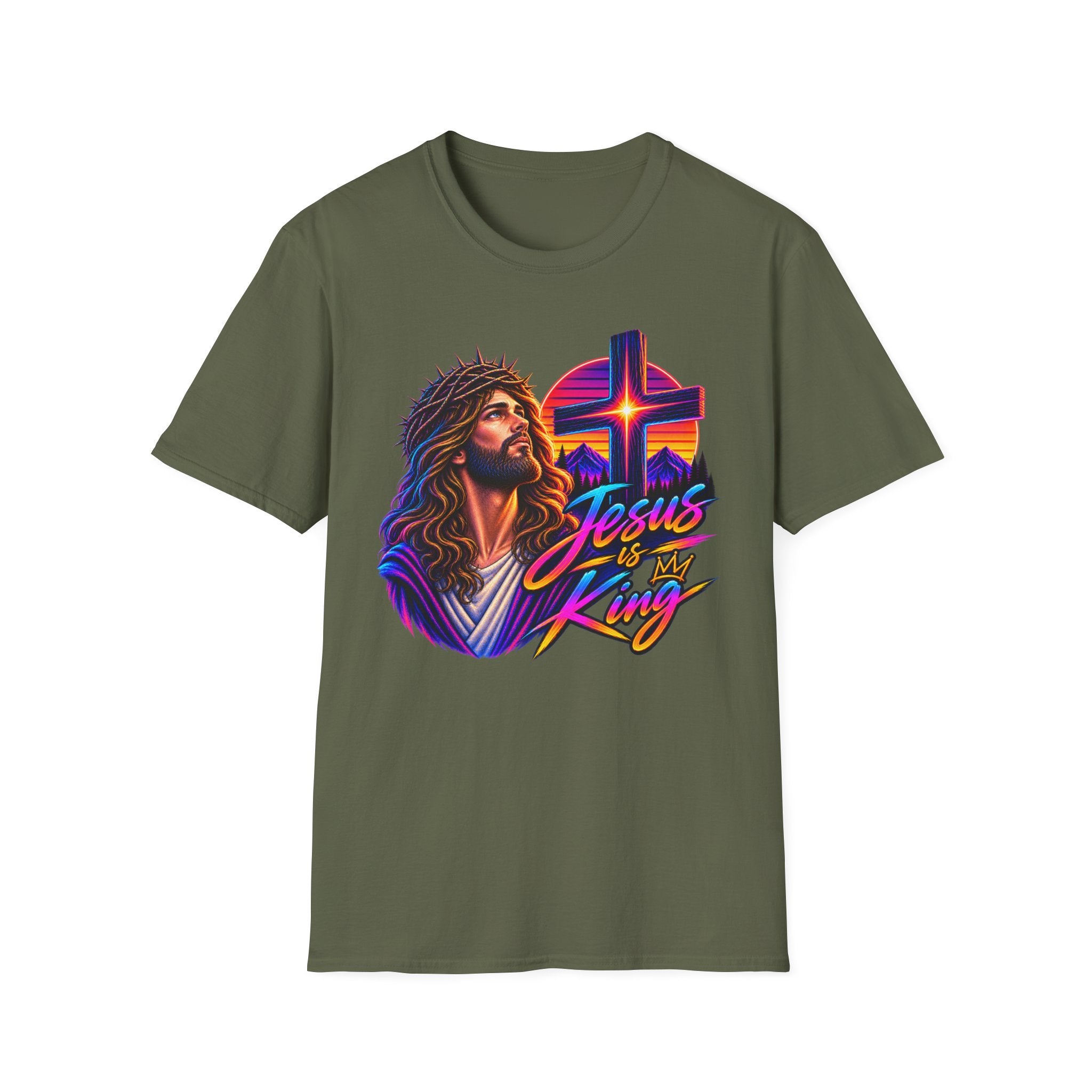 Jesus Is King T‑Shirt — Retro Neon Cross & Christ Portrait