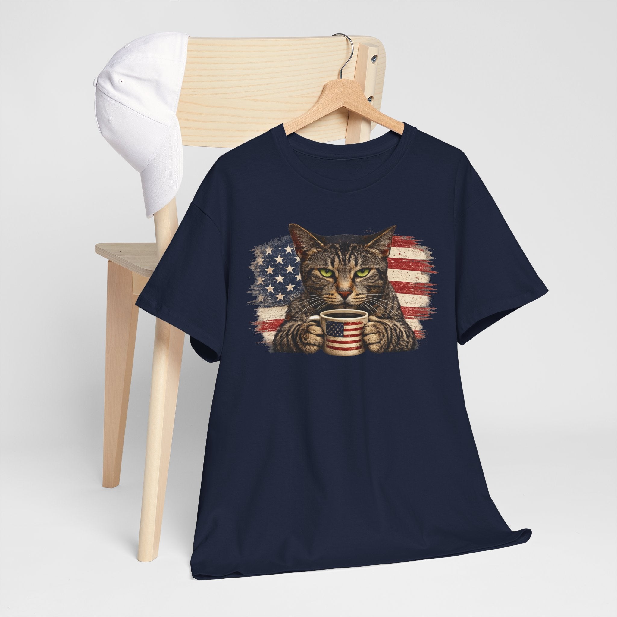 American Flag Cat T‑Shirt — Patriotic Kitten with Coffee Cup