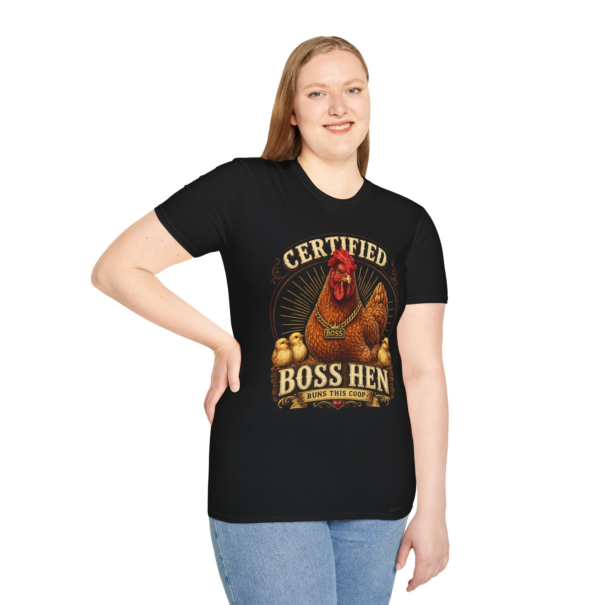Boss Hen T-Shirt — "Certified Boss Hen Runs This Coop" Chicken Farm Tee