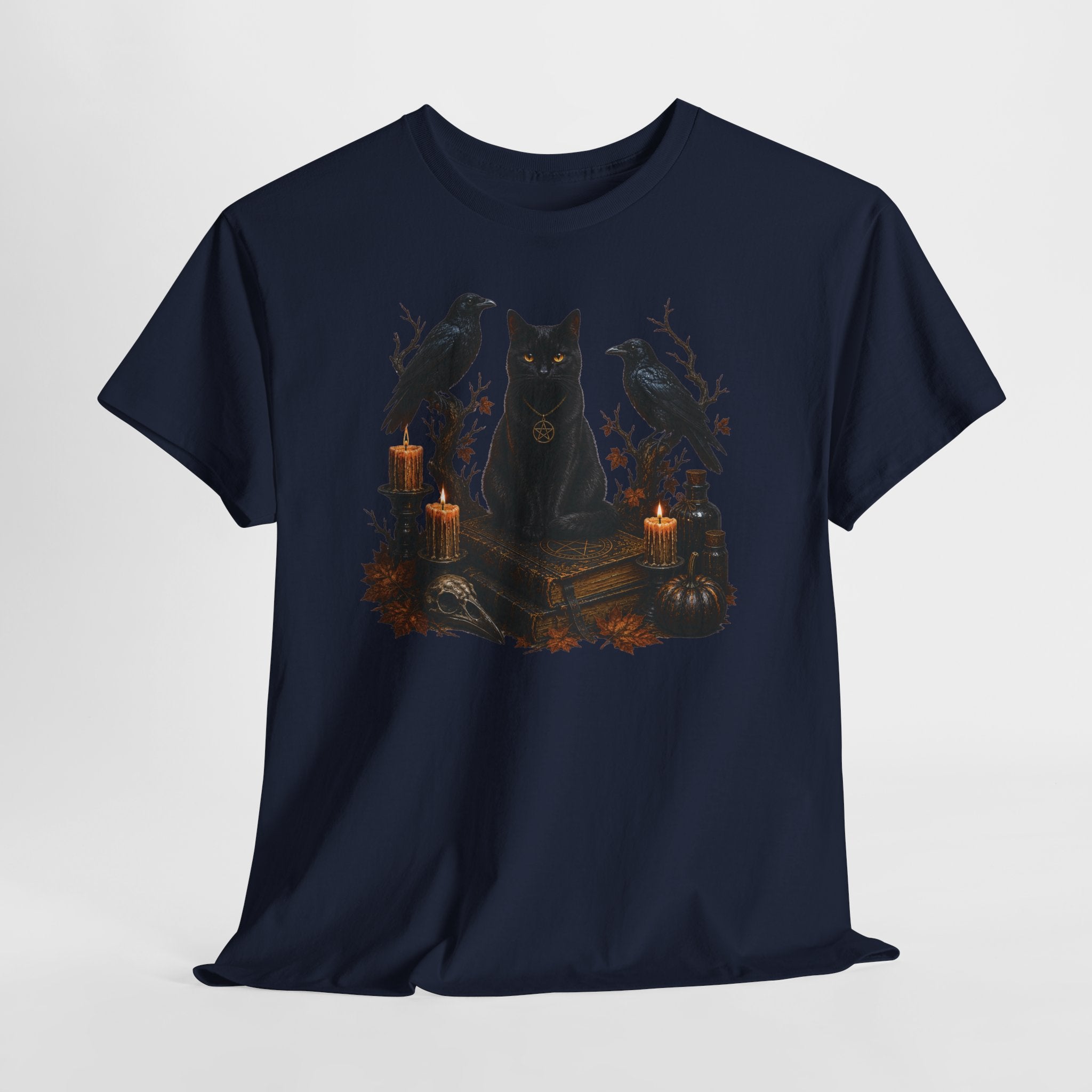 Witchy Black Cat T-Shirt — Candlelit Raven & Grimoire Gothic Tee