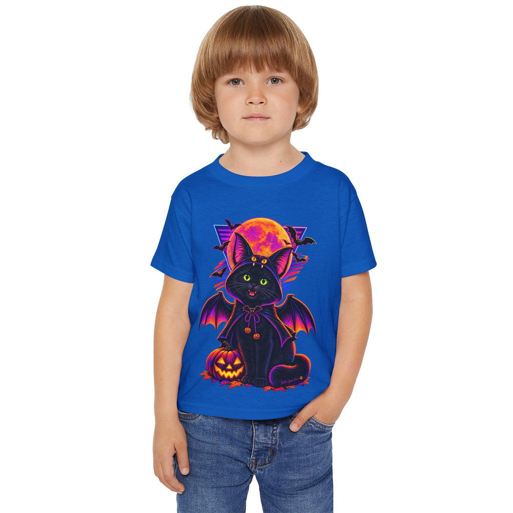 Toddler Halloween Bat Cat T-Shirt — Cute Black Cat with Pumpkin & Full Moon