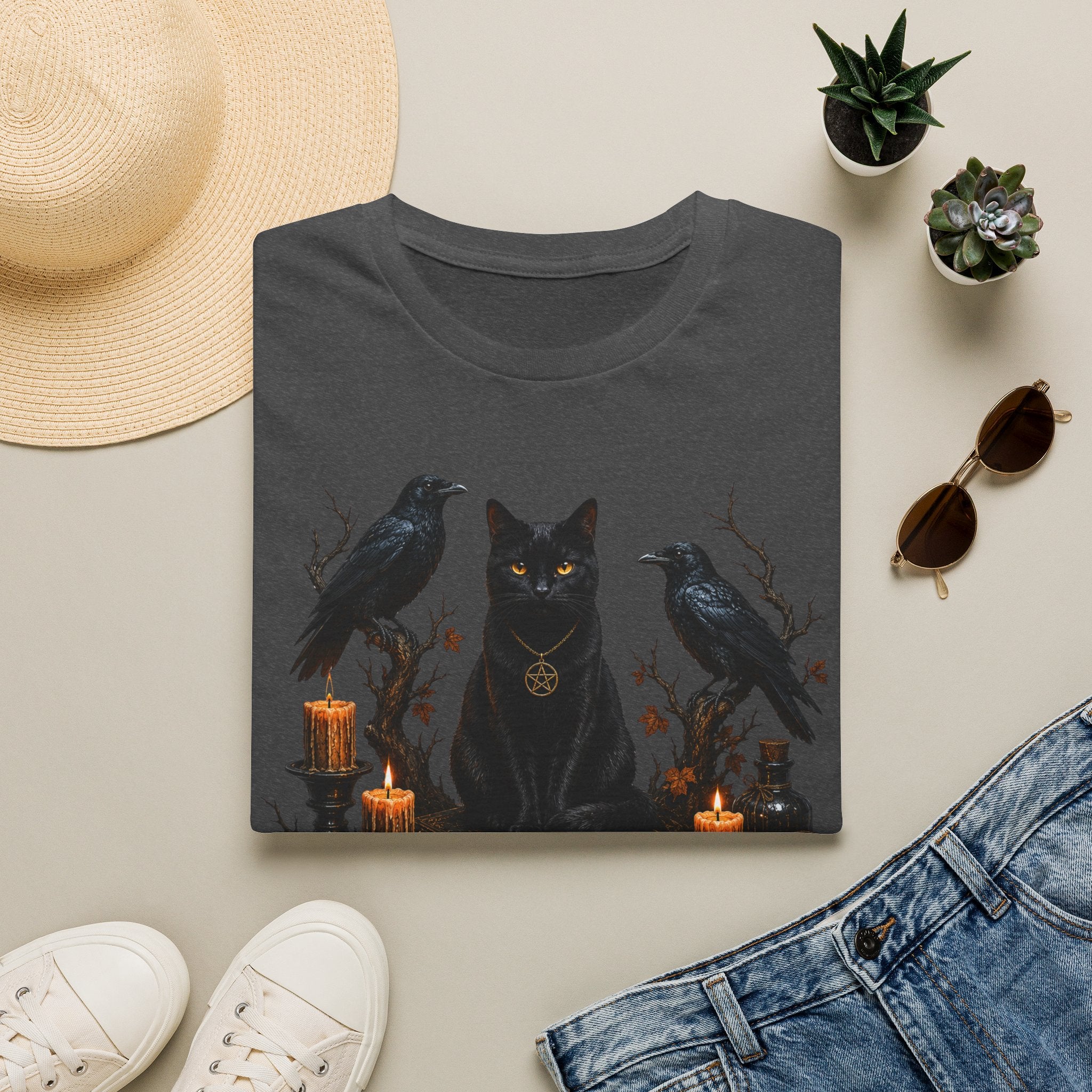 Occult Black Cat T-Shirt — Witchy Candle & Raven Spell Design