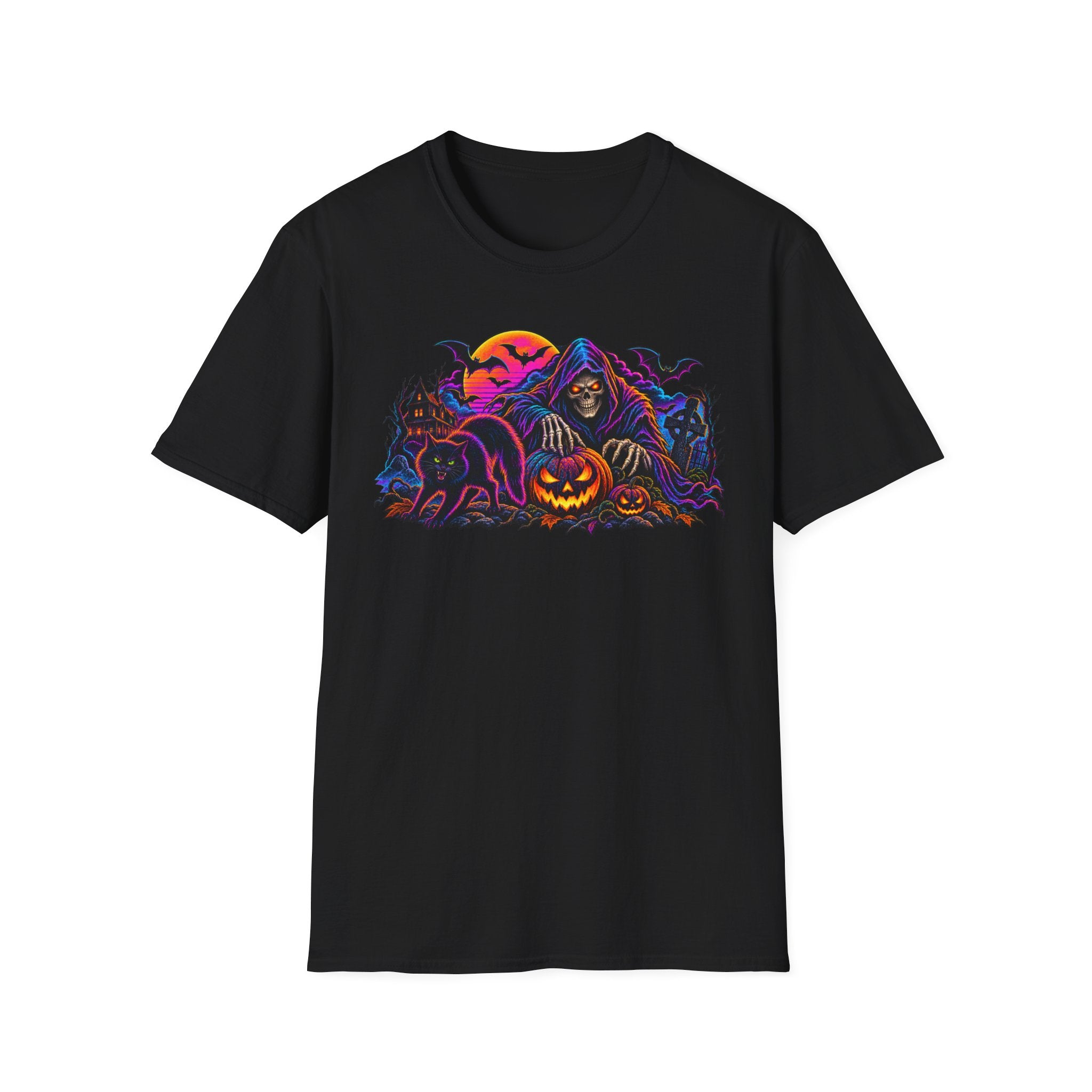 Halloween Grim Reaper T-Shirt — Pumpkin, Bats & Haunted Night Graphic Tee