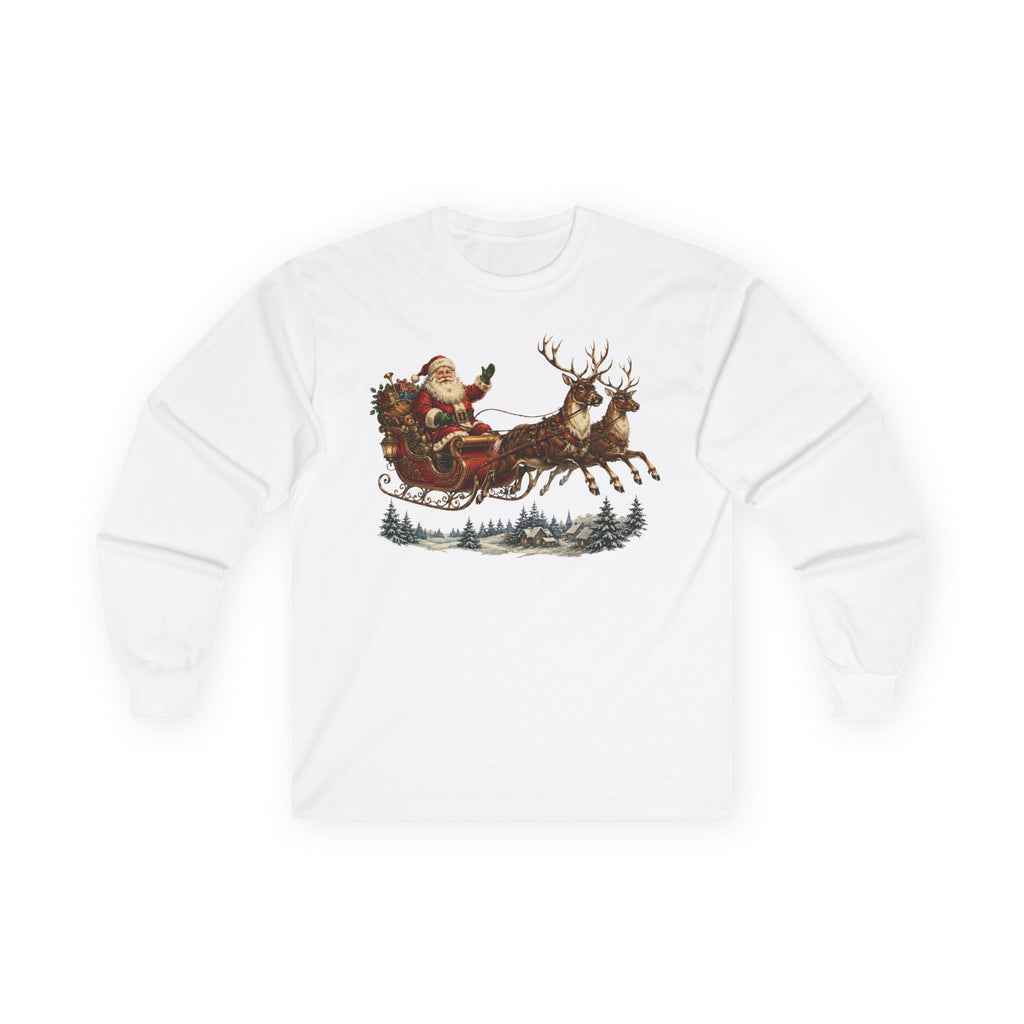 Santa Sleigh Long Sleeve Tee — Vintage Christmas Reindeer Shirt