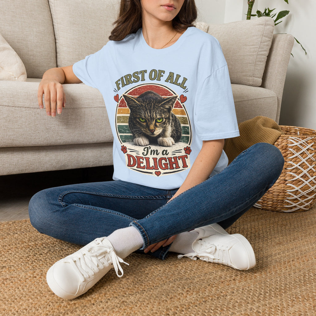 Cat T‑Shirt — “First of All I’m a Delight” Vintage Cat Graphic Tee