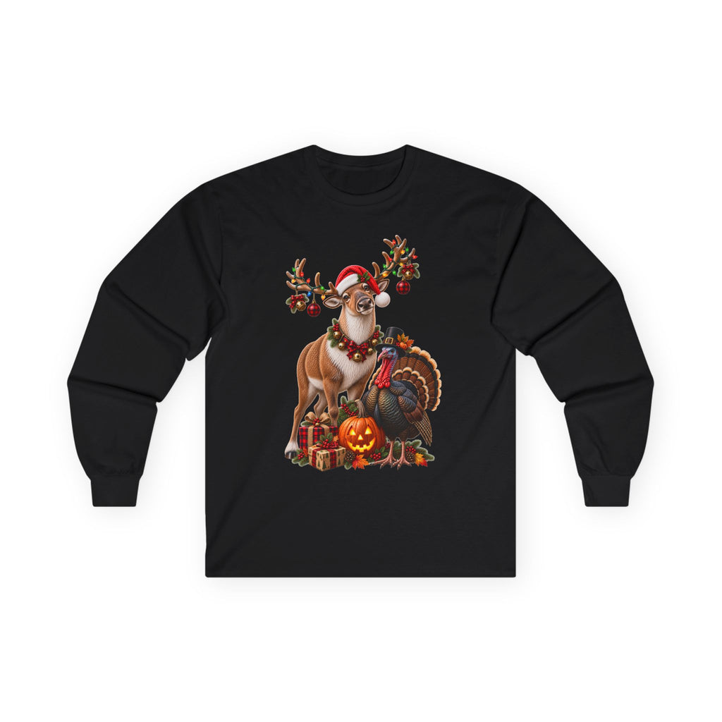 Holiday Reindeer & Turkey Long Sleeve Tee — Festive Halloween to Christmas Mashup