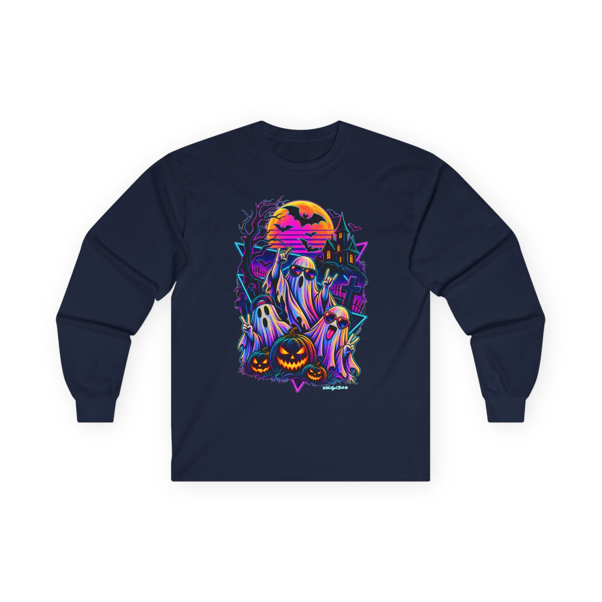 Halloween Ghosts Long Sleeve Tee – Neon Spooky Pumpkin Graveyard Shirt