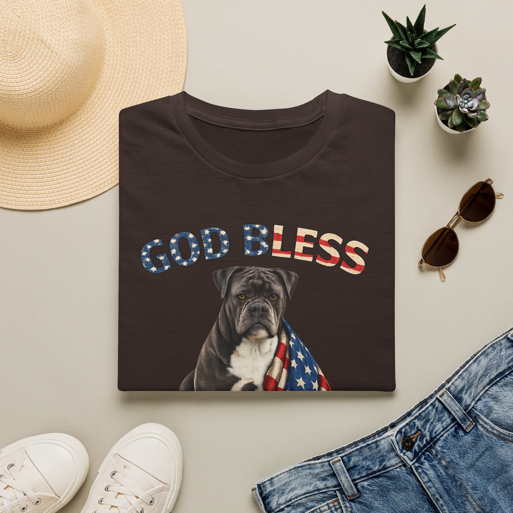 God Bless America Bulldog T-Shirt — Patriotic USA Flag Pup Tee