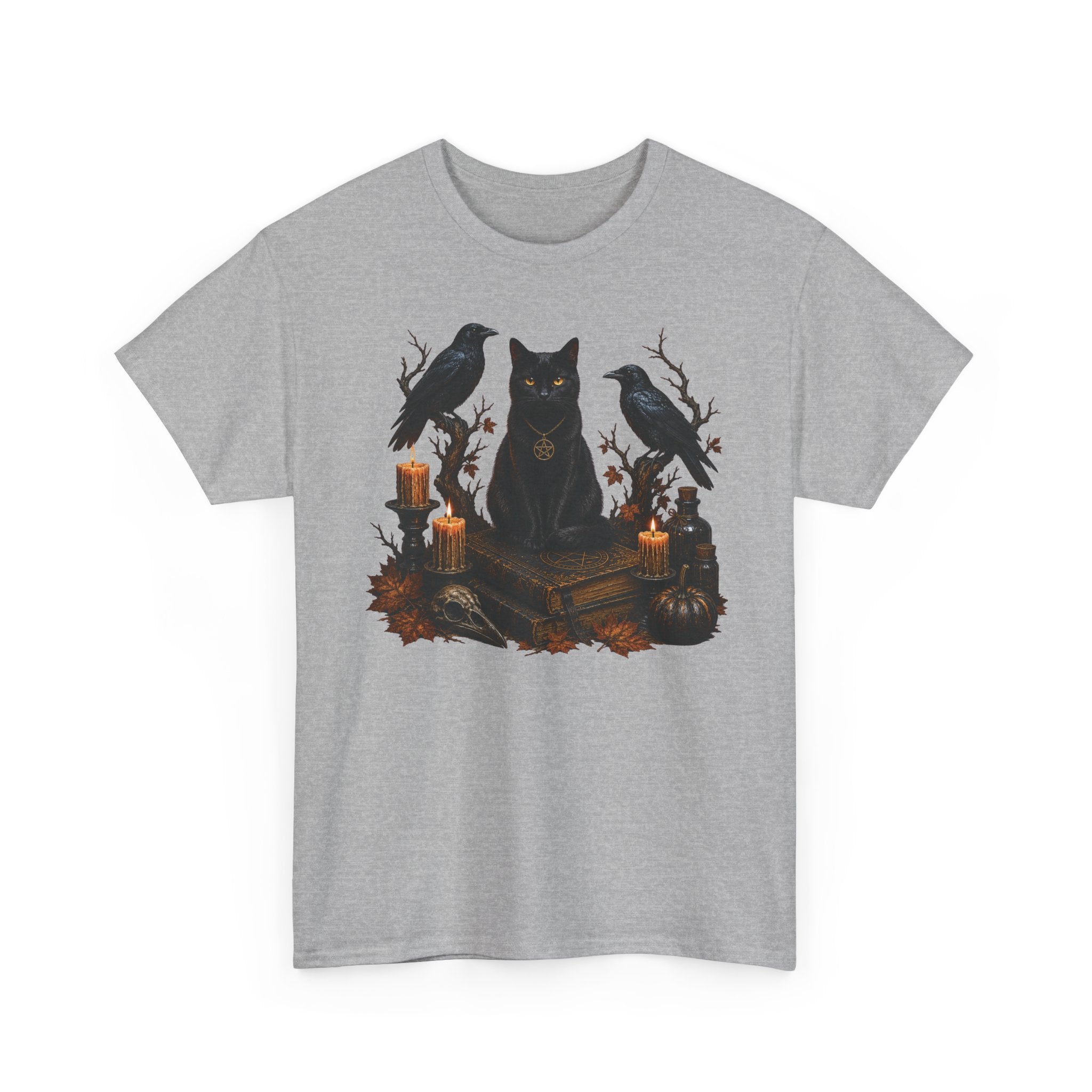 Witchy Black Cat T-Shirt — Candlelit Raven & Grimoire Gothic Tee