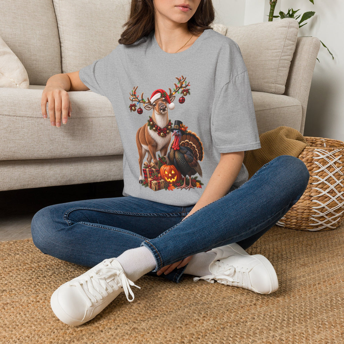 Three Holidays-One Shirt - Christmas Reindeer ,Turkey & Jack O Lantern Graphic T‑Shirt