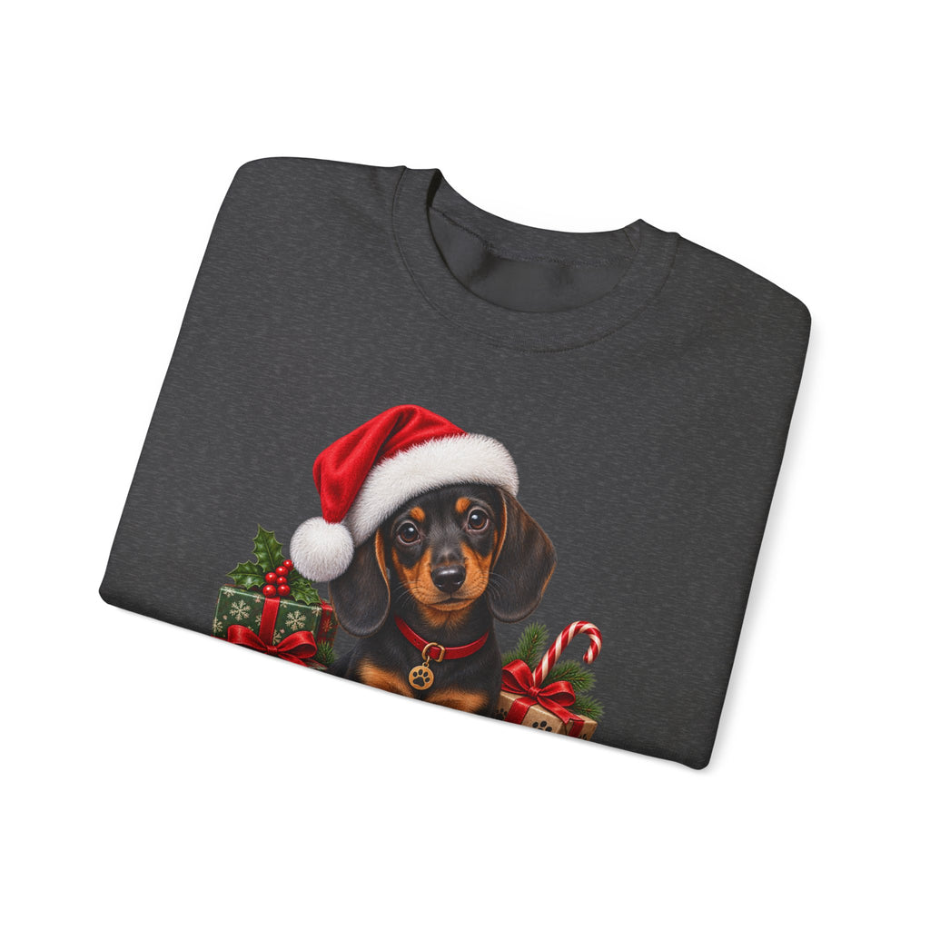 Christmas Dachshund Sweatshirt — Cute Puppy in Santa Hat Holiday Crewneck