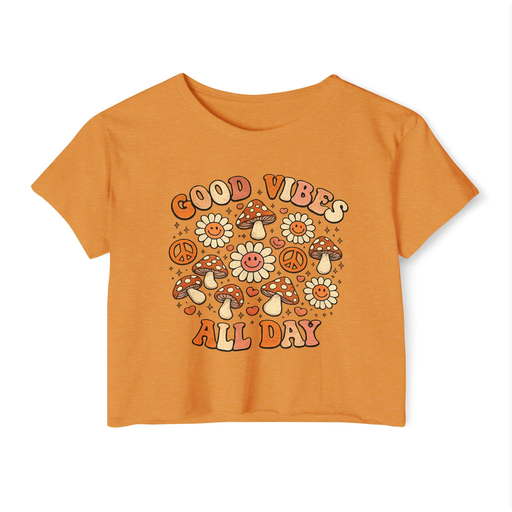 Good Vibes All Day Crop Top — Retro Mushroom & Sun Festival Tee