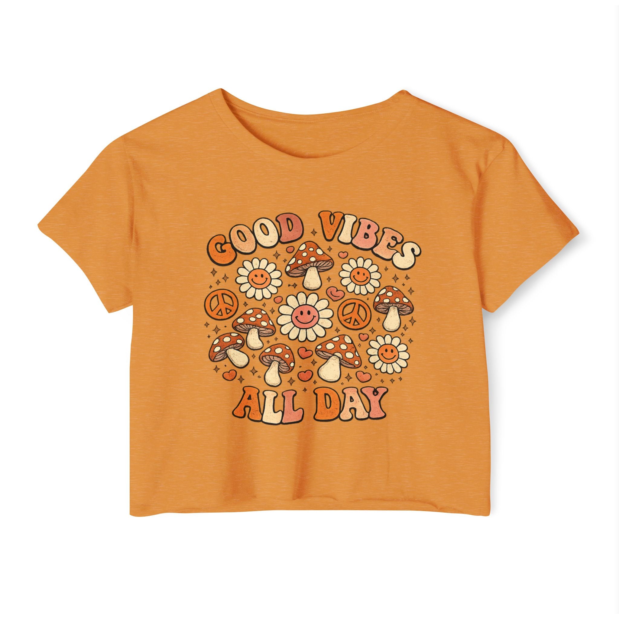 Good Vibes All Day Crop Top — Retro Mushroom & Sun Festival Tee