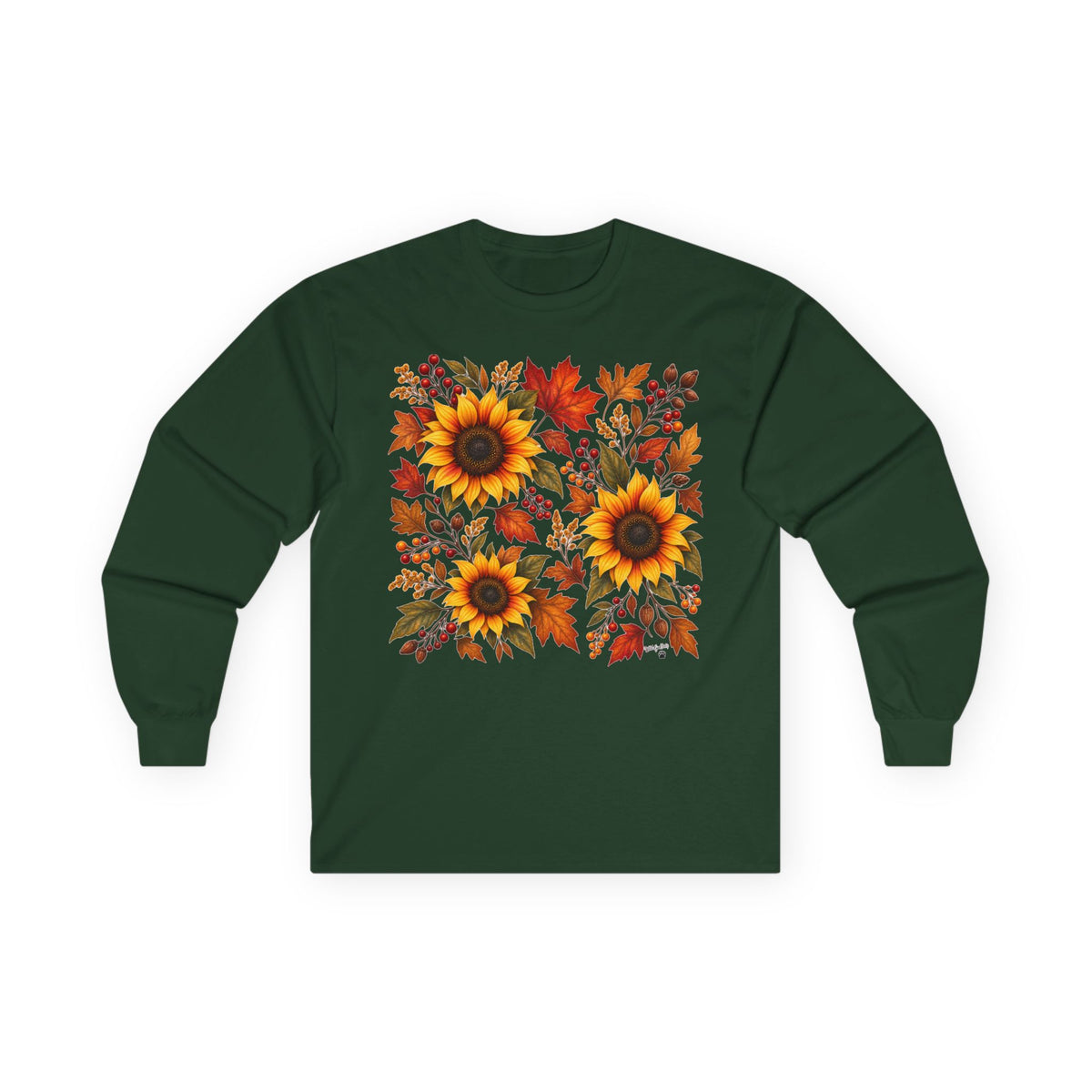 Sunflower & Autumn Leaves Long Sleeve Tee — Fall Floral Graphic Shirt