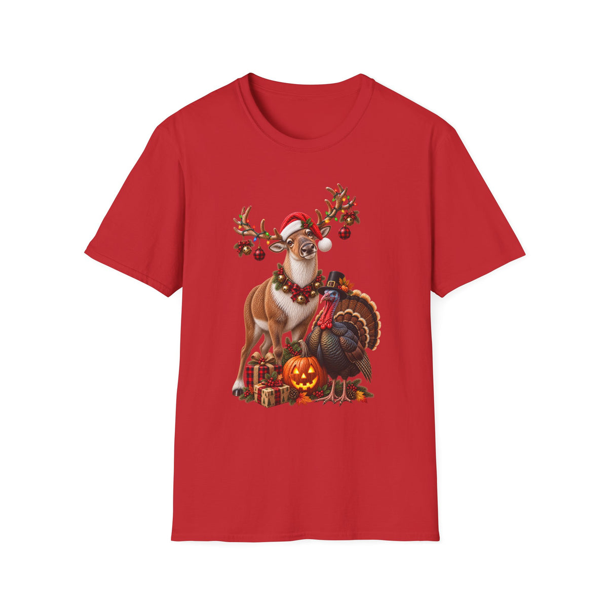 Three Holidays-One Shirt - Christmas Reindeer ,Turkey & Jack O Lantern Graphic T‑Shirt