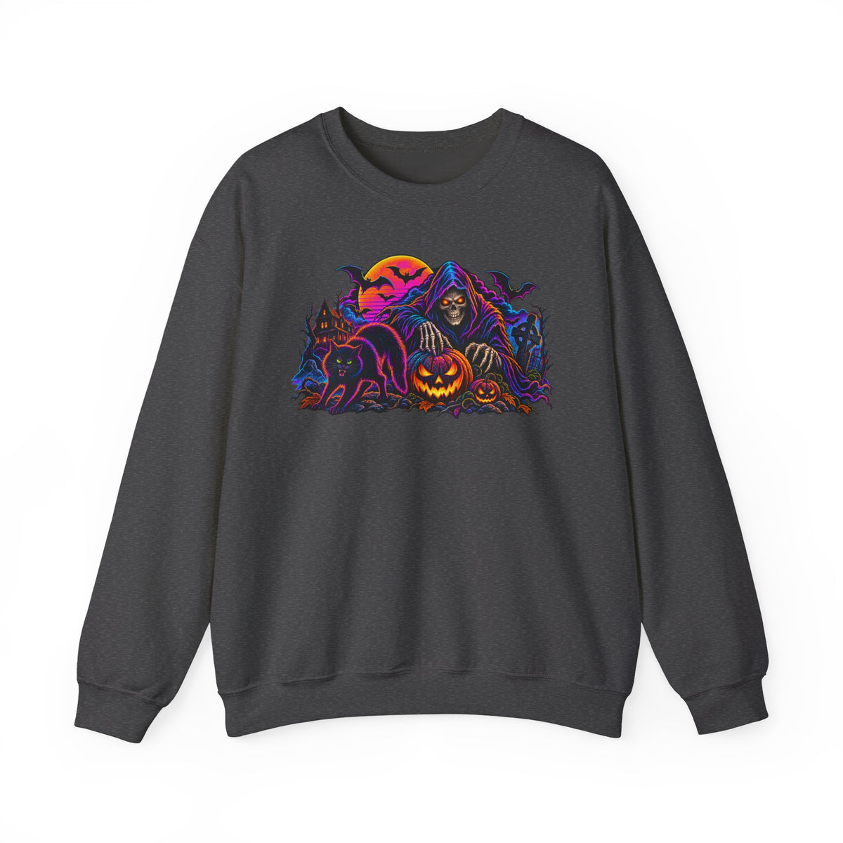 Halloween Crewneck Sweatshirt — Neon Haunted Pumpkin & Grim Reaper Design