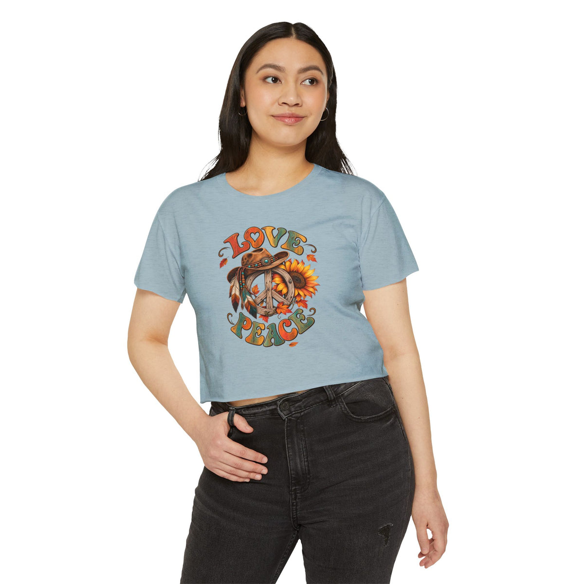 Love & Peace Crop Top — Retro Sunflower Hippie Festival Tee