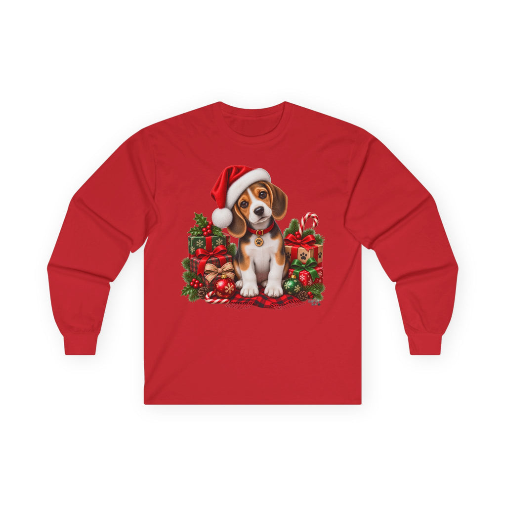 Christmas Puppy Long Sleeve Tee — Cute Beagle in Santa Hat Holiday Shirt