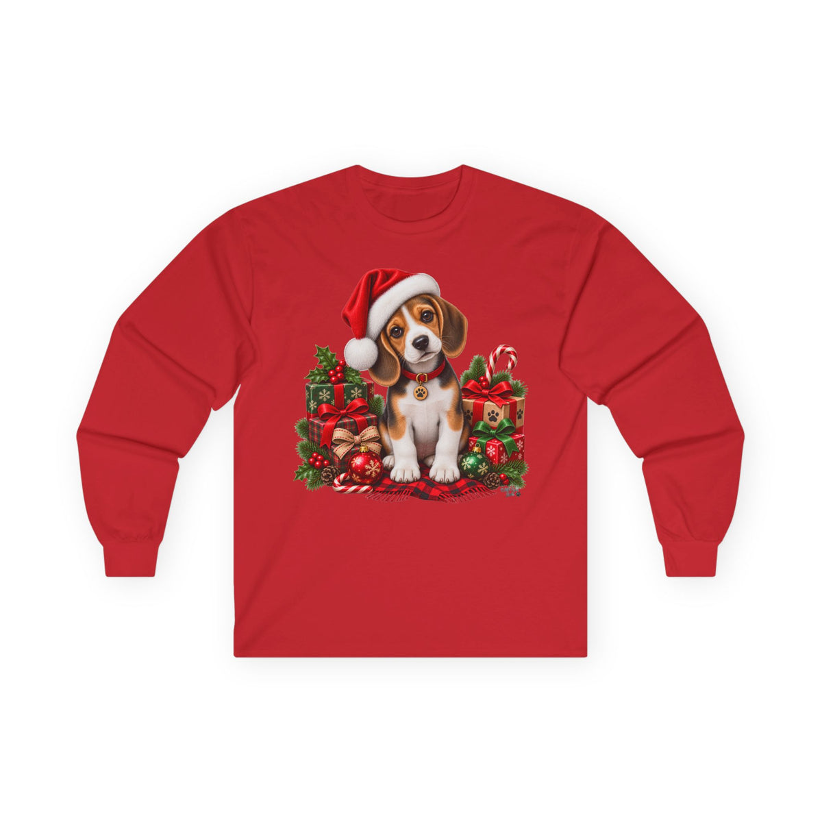 Christmas Puppy Long Sleeve Tee — Cute Beagle in Santa Hat Holiday Shirt