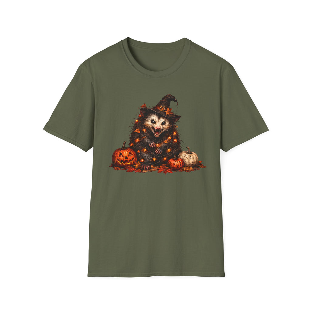Halloween Possum T‑Shirt — Cute Spooky Opossum in Witch Hat with Fairy lights and Pumpkins