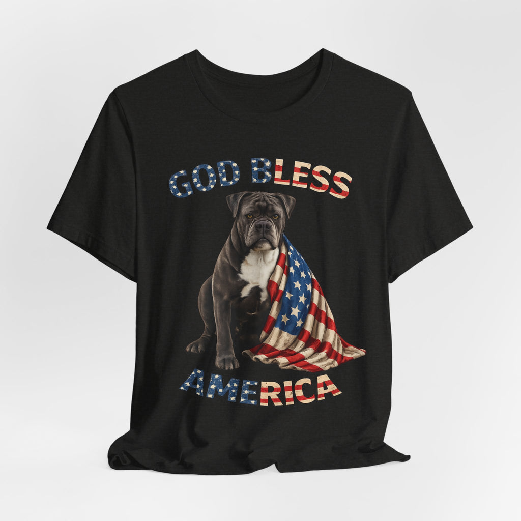 Patriotic Bulldog Tee – "God Bless America" USA Flag Dog T-Shirt