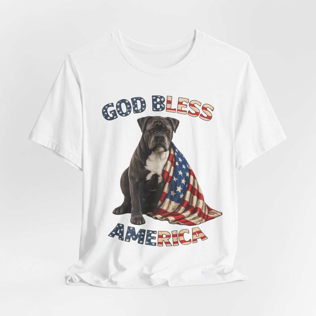 Patriotic Bulldog Tee – "God Bless America" USA Flag Dog T-Shirt