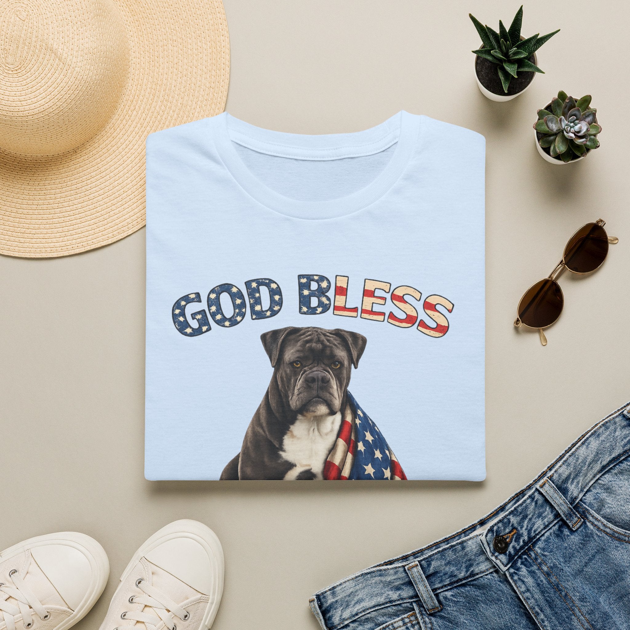 God Bless America Bulldog T-Shirt — Patriotic USA Flag Pup Tee