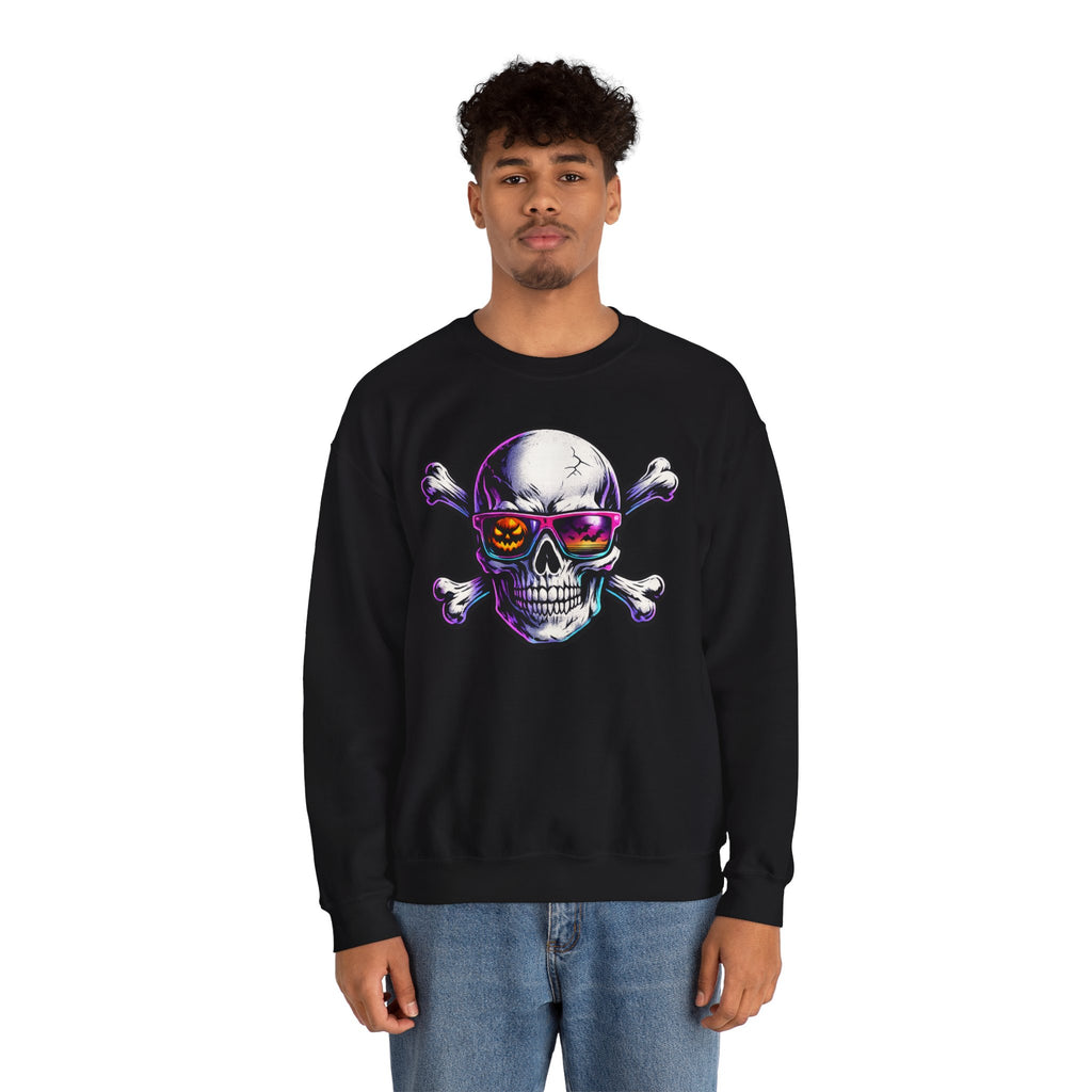 Skull & Crossbones Crewneck Sweatshirt — Neon Sunglasses Halloween Skull Graphic
