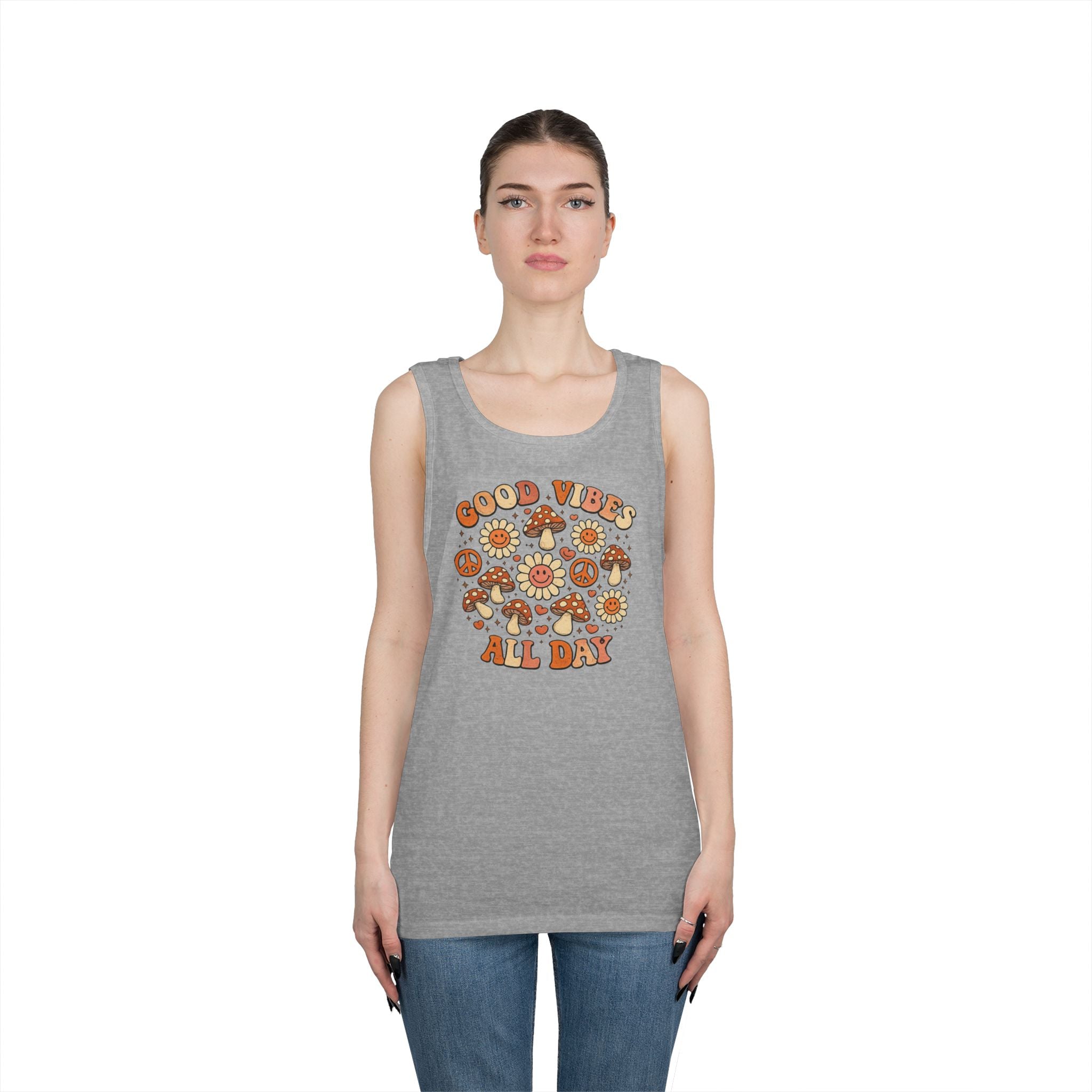 Boho-Good Vibes All Day Tank Top — Retro Mushroom Peace Floral Graphic