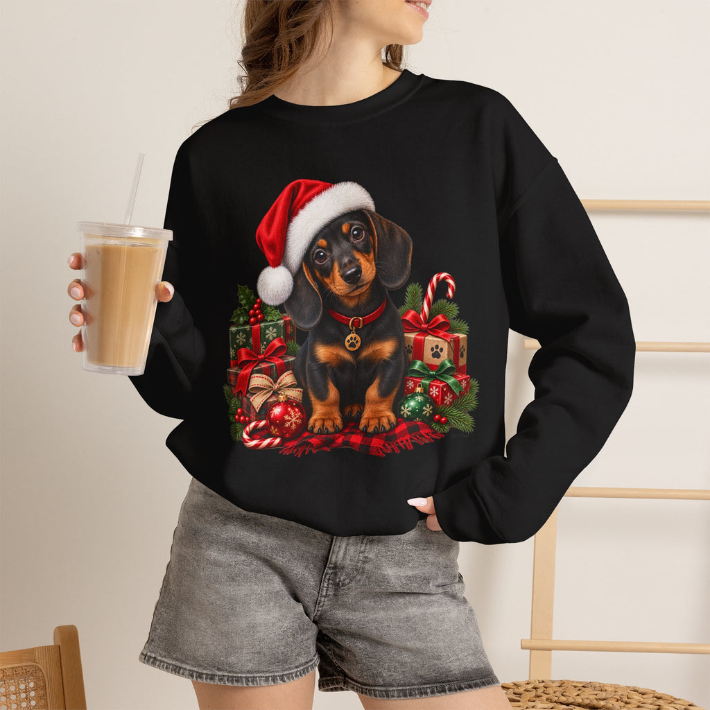 Christmas Dachshund Sweatshirt — Cute Puppy in Santa Hat Holiday Crewneck
