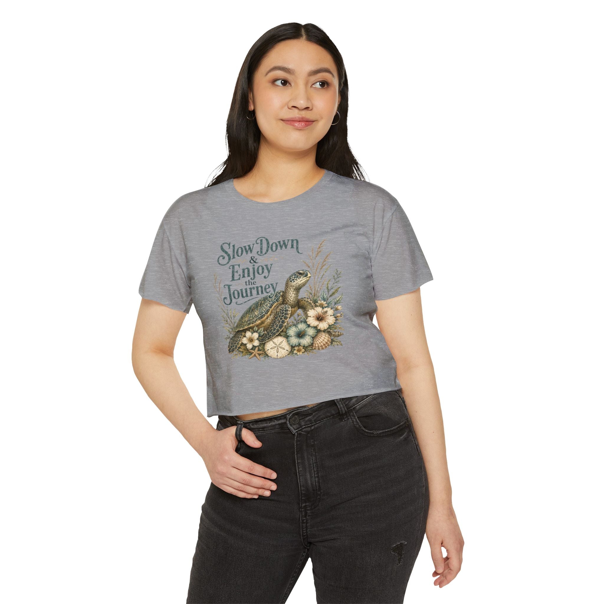 Women’s beach vibe Crop Top — “Slow Down & Enjoy the Journey” Sea Turtle Floral Festival Tee