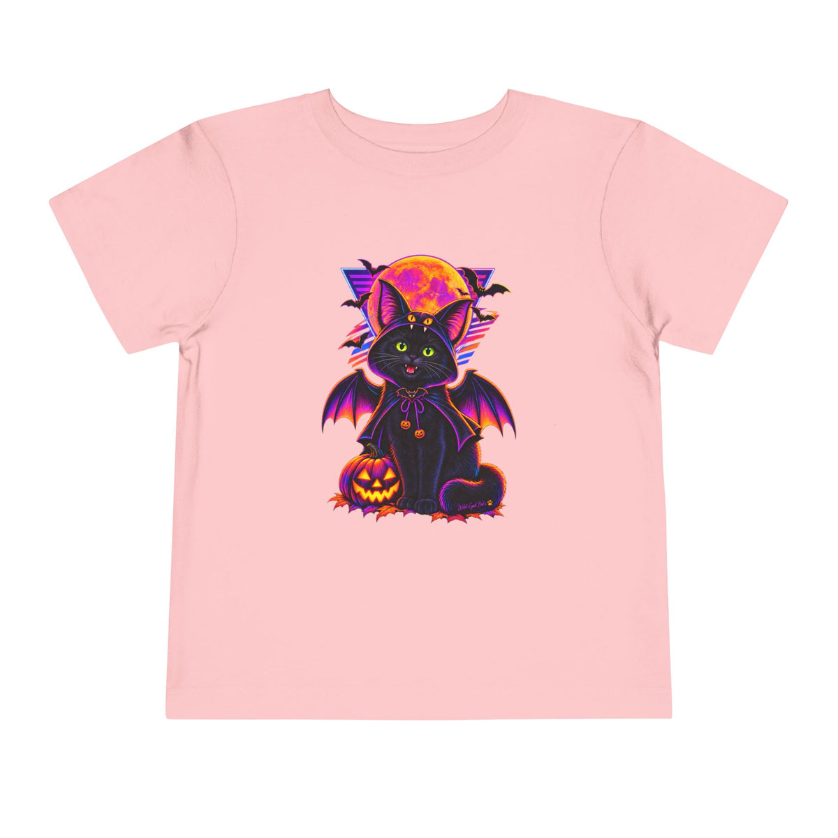 Toddler Tee — Neon Halloween Bat Cat with Pumpkin Graphic