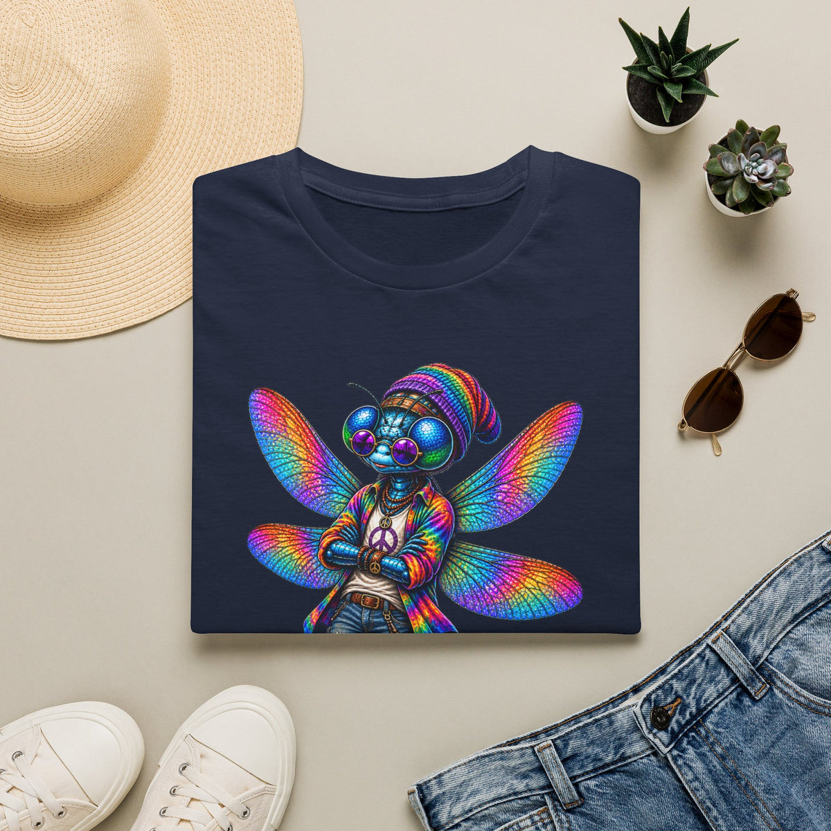 Psychedelic Dragonfly Graphic T-Shirt — Colorful Rasta-Inspired Bug Art Tee