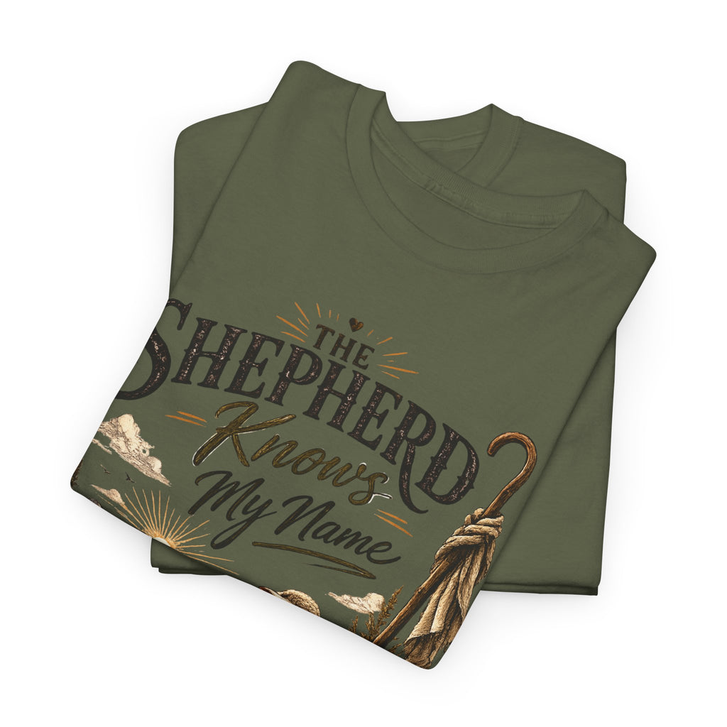 The Shepherd Knows My Name T‑Shirt — Christian Faith Tee with Shepherd & Sheep Design