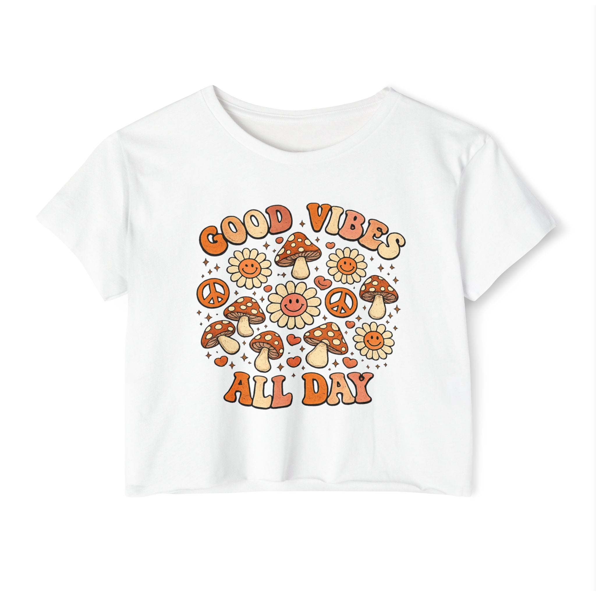 Good Vibes All Day Crop Top — Retro Mushroom & Sun Festival Tee