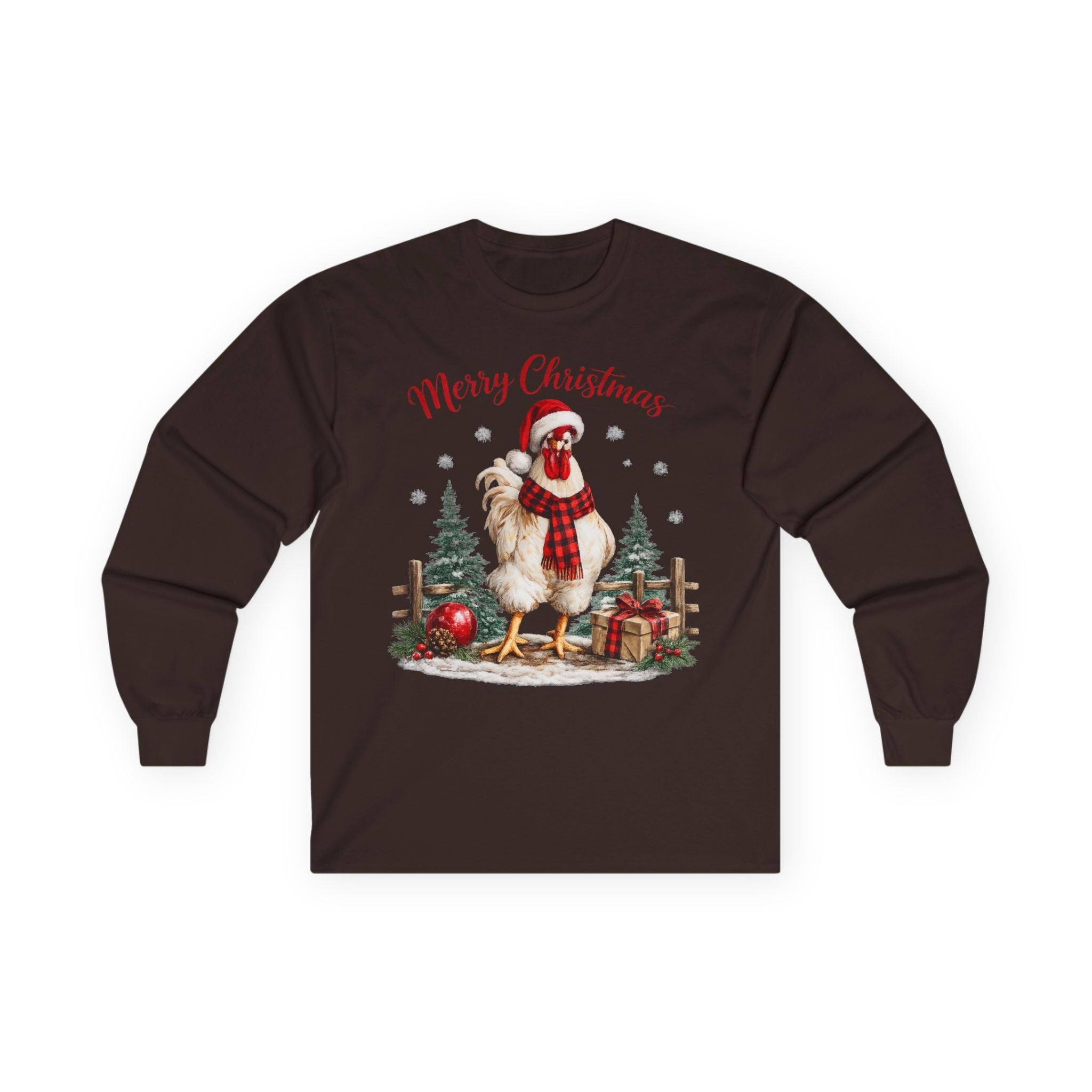 Christmas Rooster Long Sleeve Tee — “Merry Christmas” Holiday Duck with Scarf & Gifts