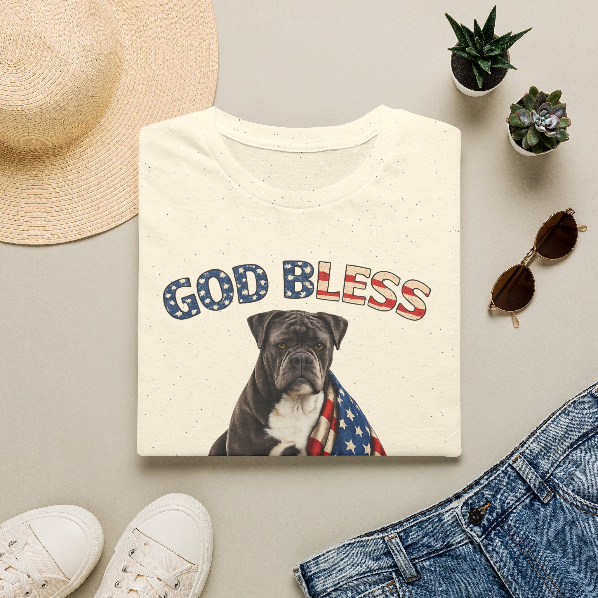 God Bless America Bulldog T-Shirt — Patriotic USA Flag Pup Tee