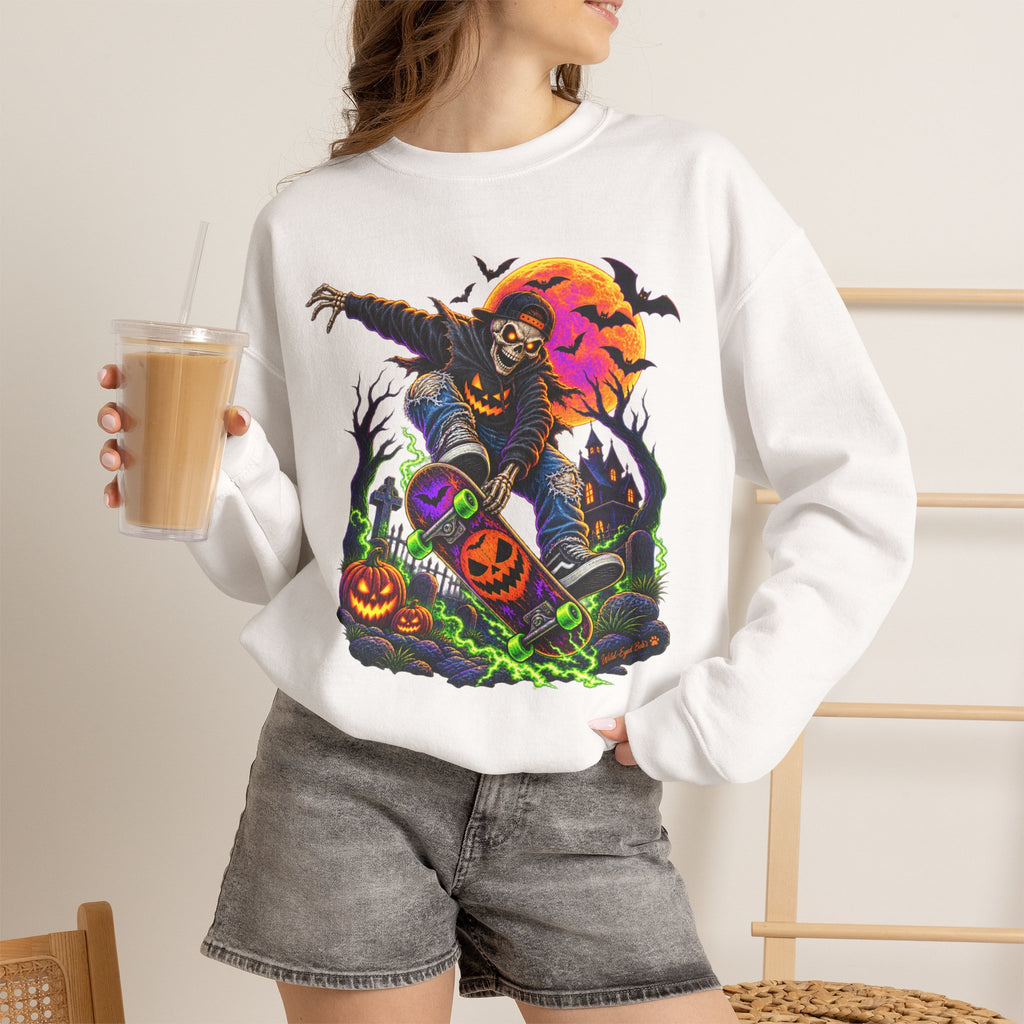 Halloween Skeleton Graveyard Sweatshirt — Spooky Pumpkin & Bats Crewneck