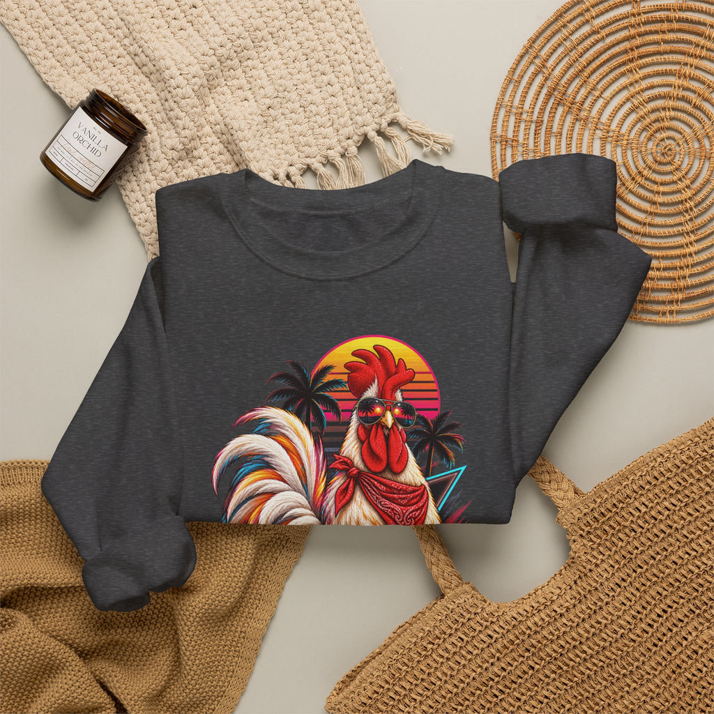 Rooster Sunset Crewneck Sweatshirt — Tropical Farm Rooster Graphic