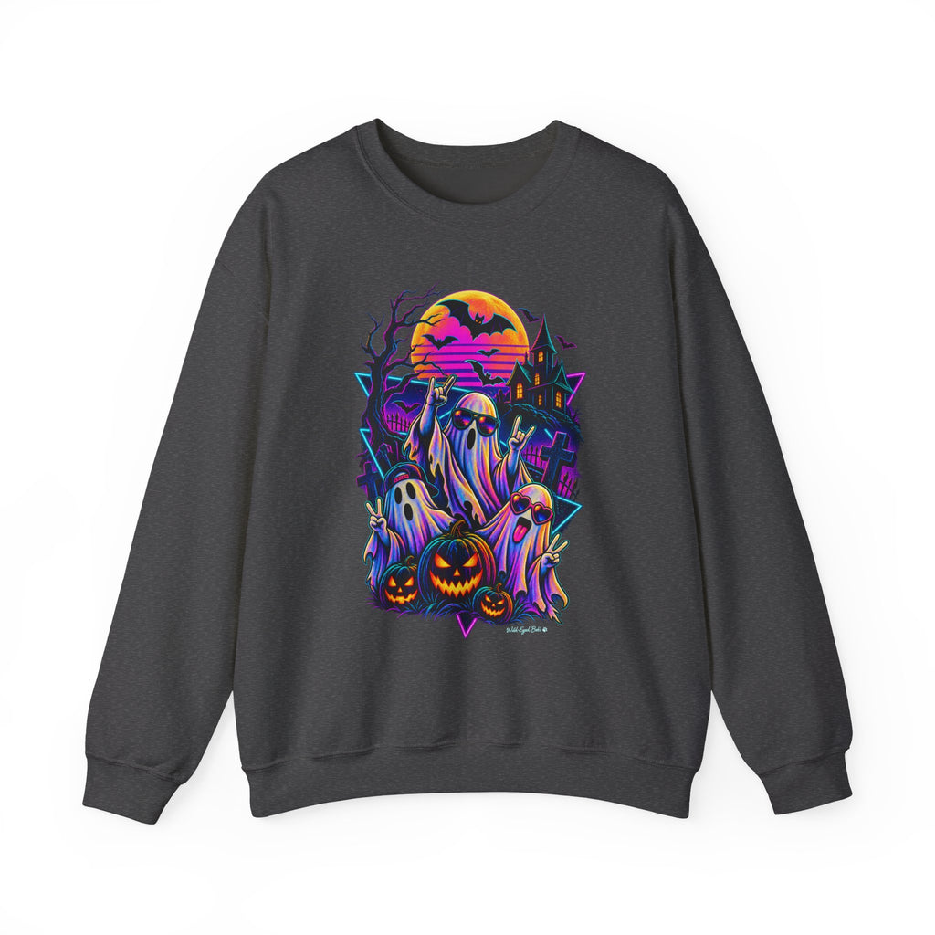 Halloween Neon Ghosts Crewneck Sweatshirt — Retro Pumpkin Haunted House Tee